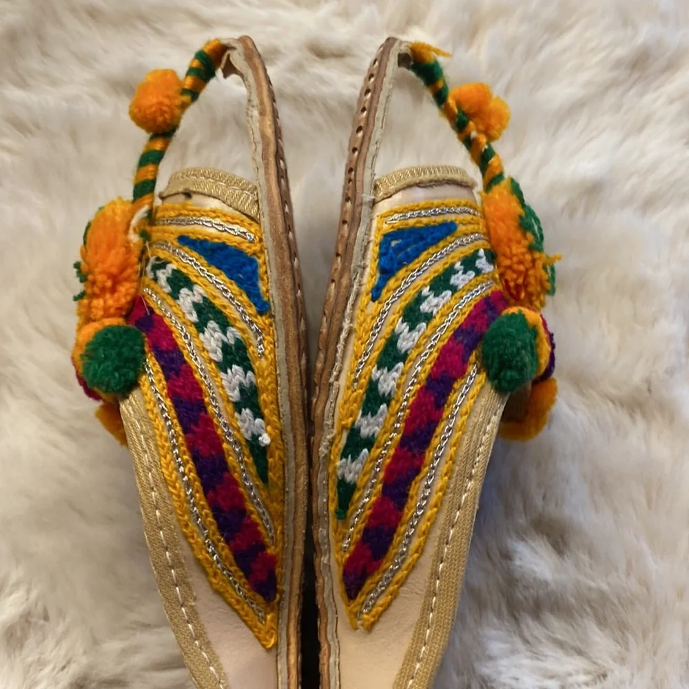 Pom Pom Embroidered Leather Indian Sandals
